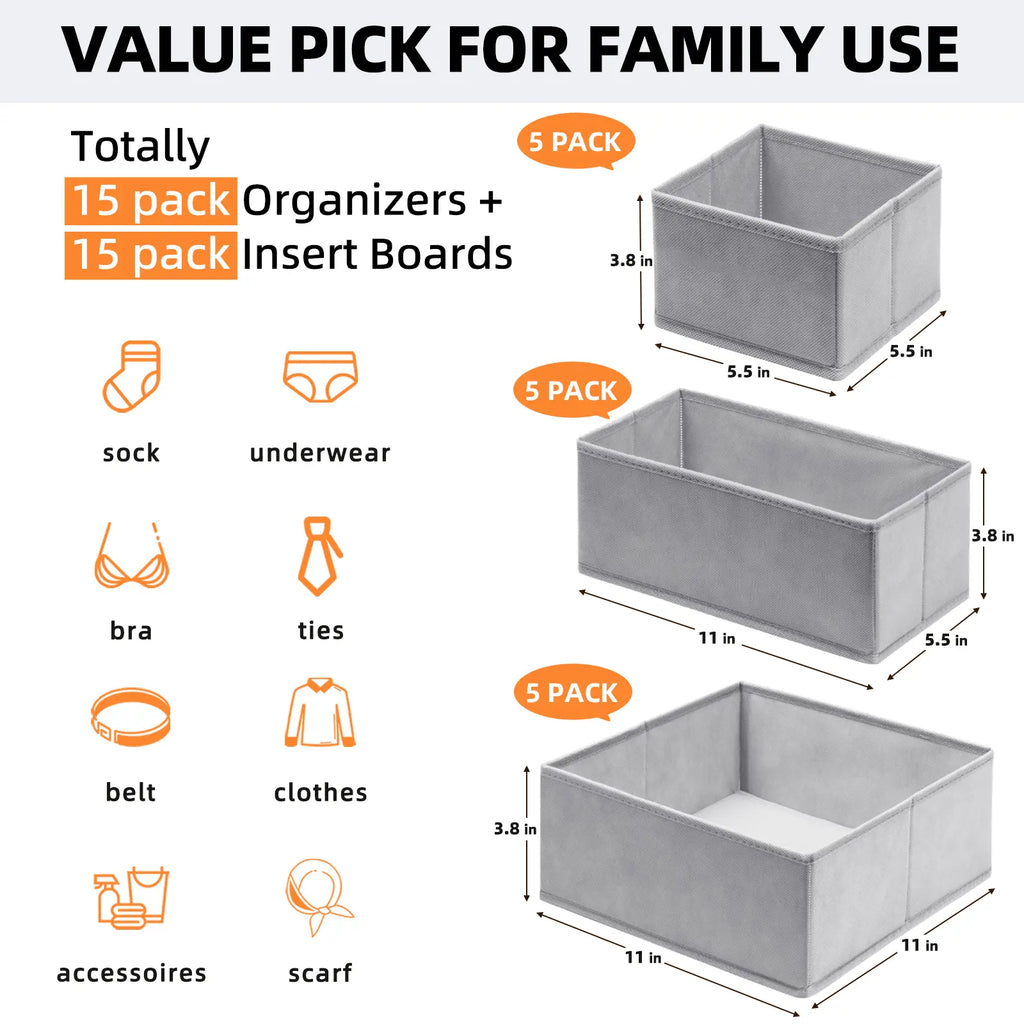 15-Piece Drawers Clothes Organizer - Reinforced Thick Fabric Foldable Storage Box with Divided Compartments, Space-Saving Bedroom Storage Organizer for Women's Clothes, Underwear & Socks
