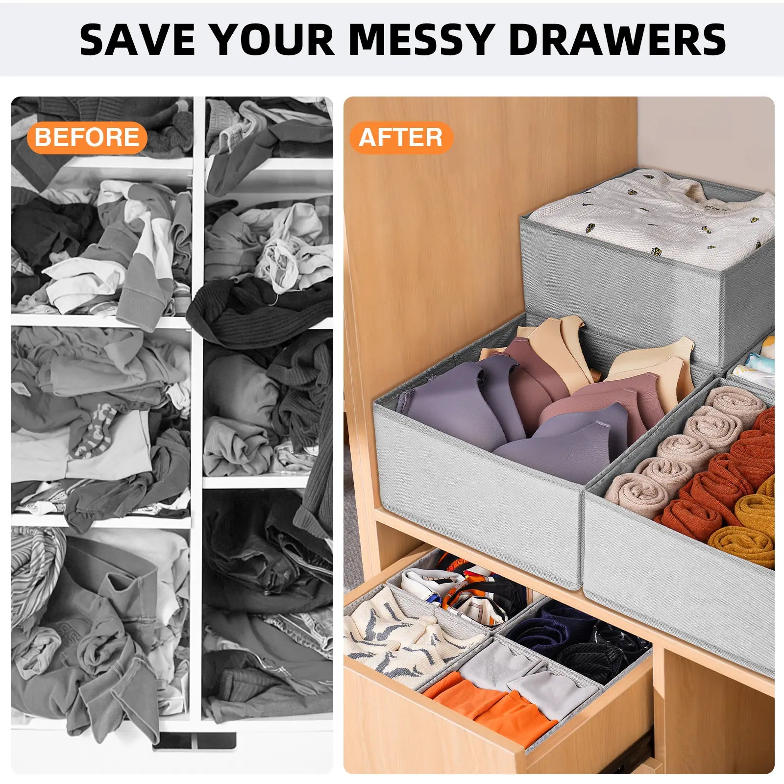 15-Piece Drawers Clothes Organizer - Reinforced Thick Fabric Foldable Storage Box with Divided Compartments, Space-Saving Bedroom Storage Organizer for Women's Clothes, Underwear & Socks