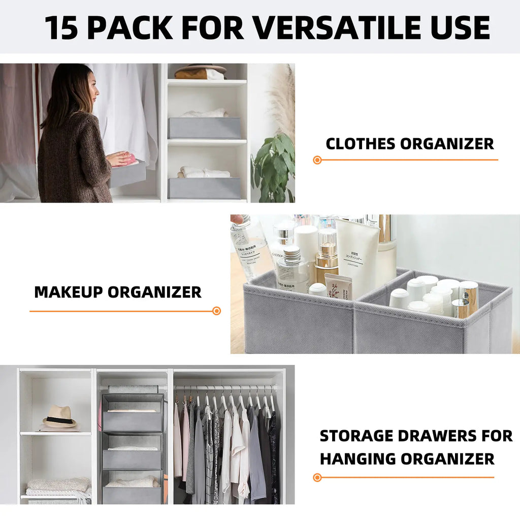 15-Piece Drawers Clothes Organizer - Reinforced Thick Fabric Foldable Storage Box with Divided Compartments, Space-Saving Bedroom Storage Organizer for Women's Clothes, Underwear & Socks
