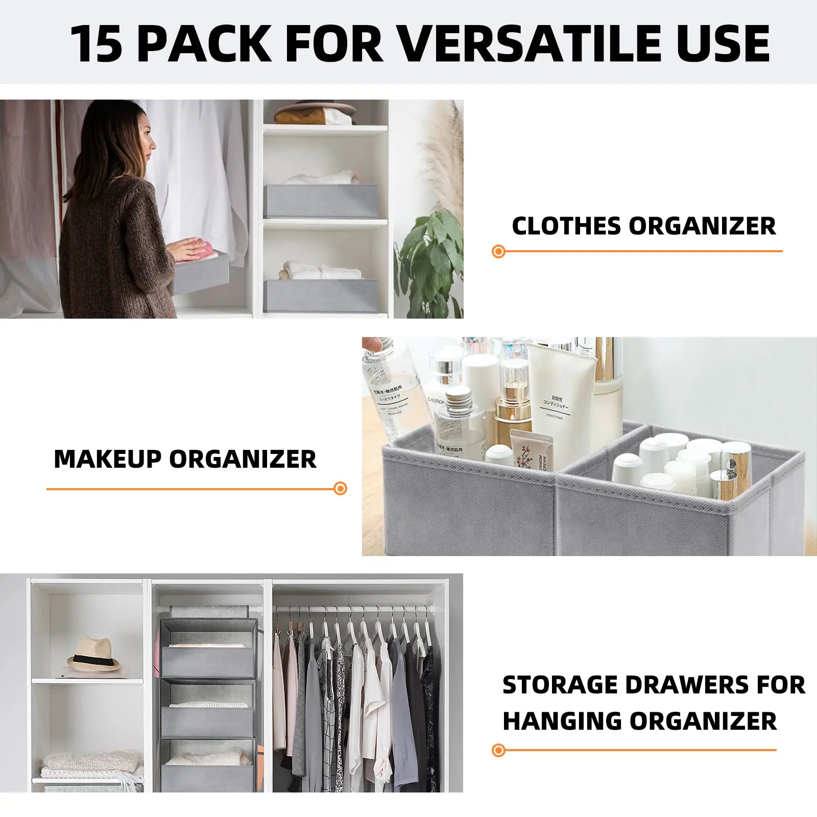 15-Piece Drawers Clothes Organizer - Reinforced Thick Fabric Foldable Storage Box with Divided Compartments, Space-Saving Bedroom Storage Organizer for Women's Clothes, Underwear & Socks