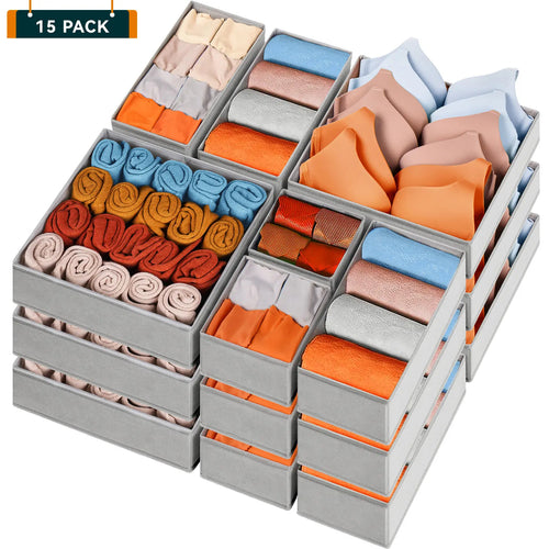 15-Piece Drawers Clothes Organizer - Reinforced Thick Fabric Foldable Storage Box with Divided Compartments, Space-Saving Bedroom Storage Organizer for Women's Clothes, Underwear & Socks